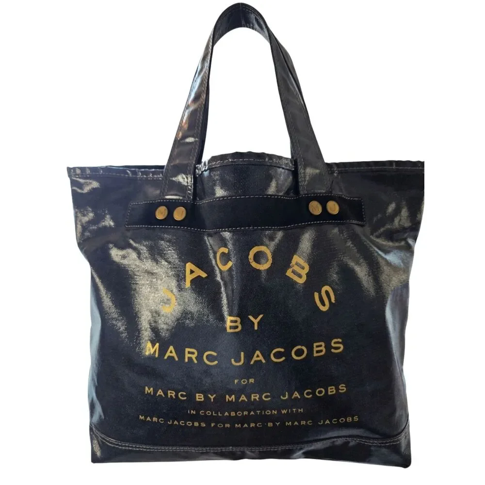 Marc Jacobs Coated Denim Canvas Collaboration Logo Tote Bag Black Gold Rare XL